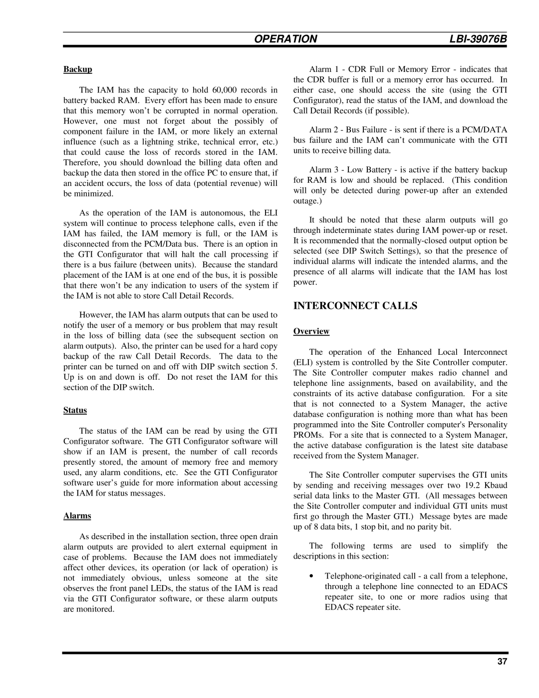 Ericsson LBI-39076B system manual Interconnect Calls, Backup, Status, Overview 