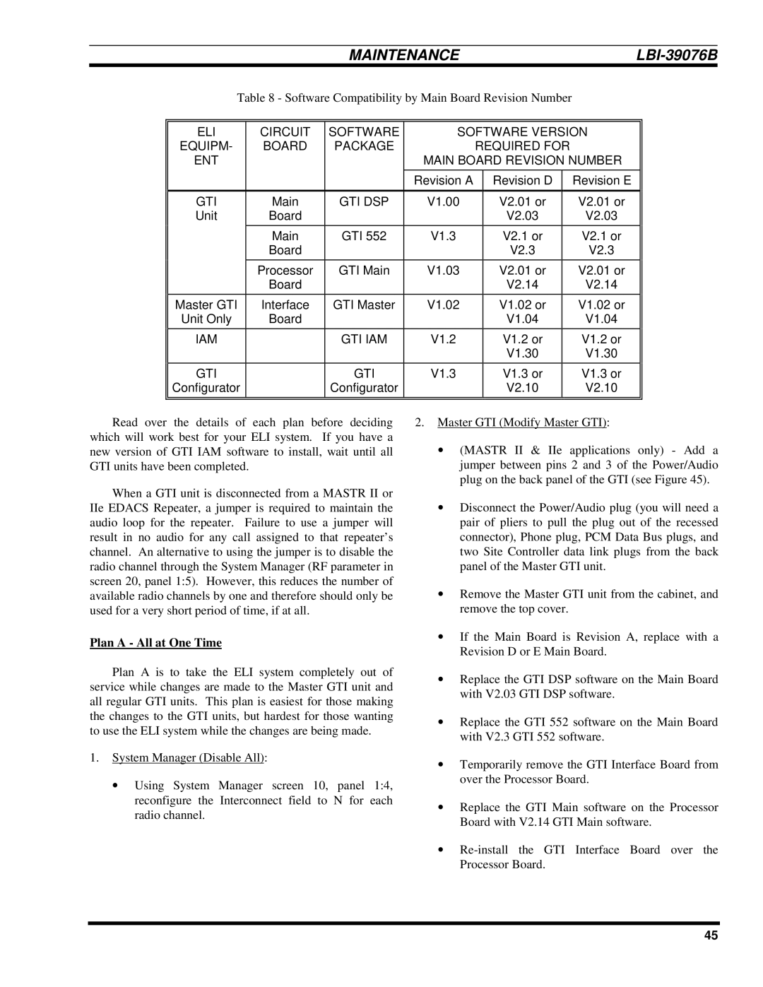 Ericsson LBI-39076B system manual Software Version Required for Main Board Revision Number, Plan a All at One Time 