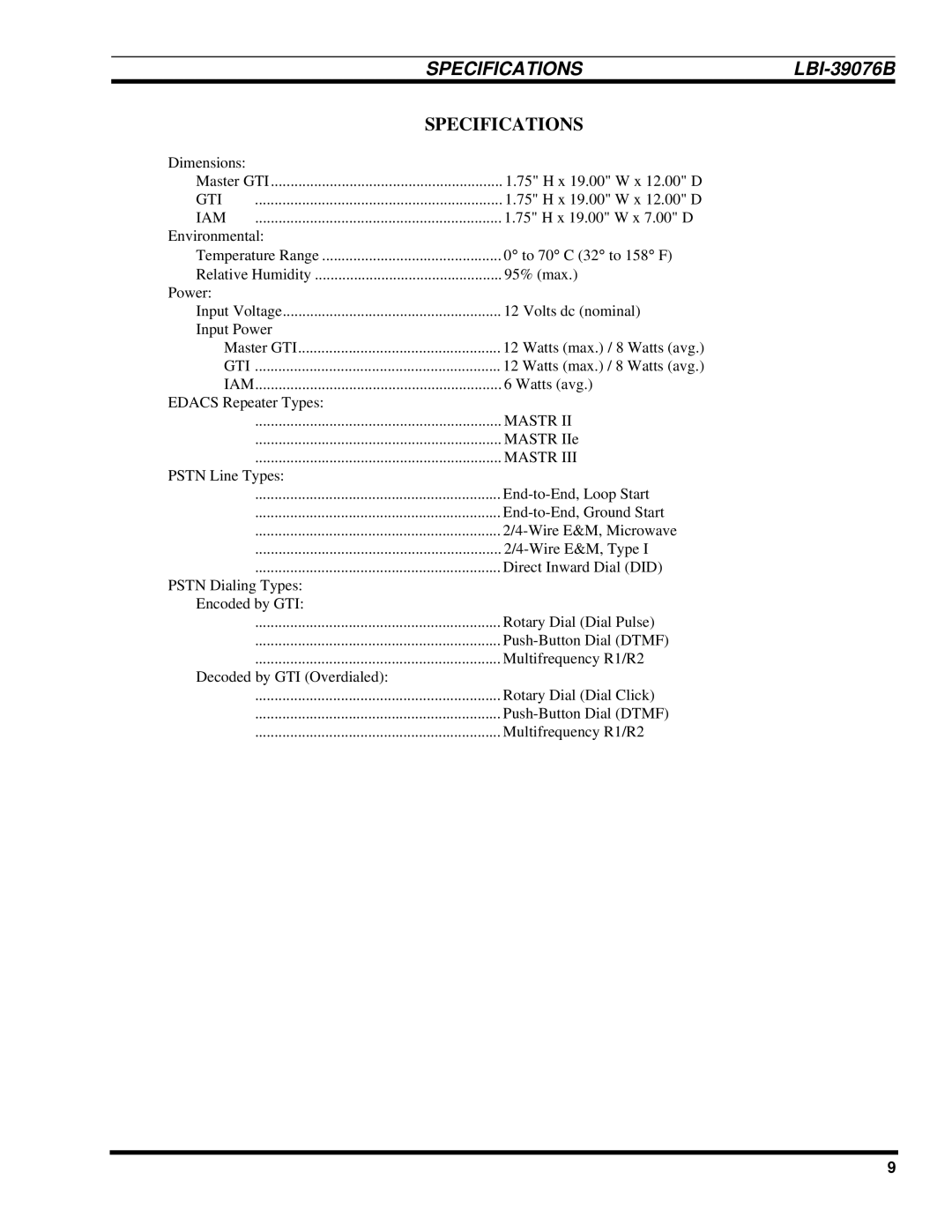 Ericsson LBI-39076B system manual Specifications, Mastr 