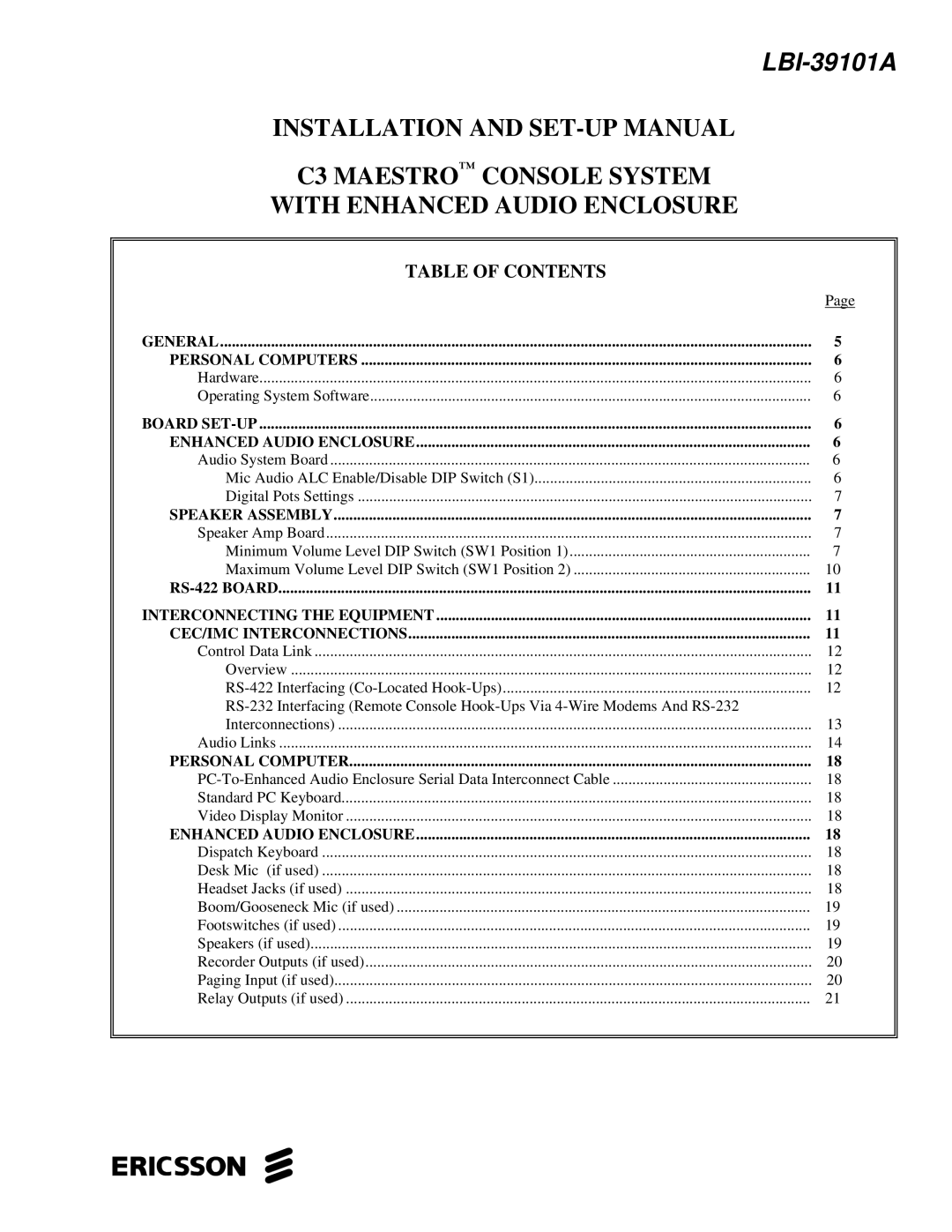 Ericsson LBI-39101A manual Table of Contents 