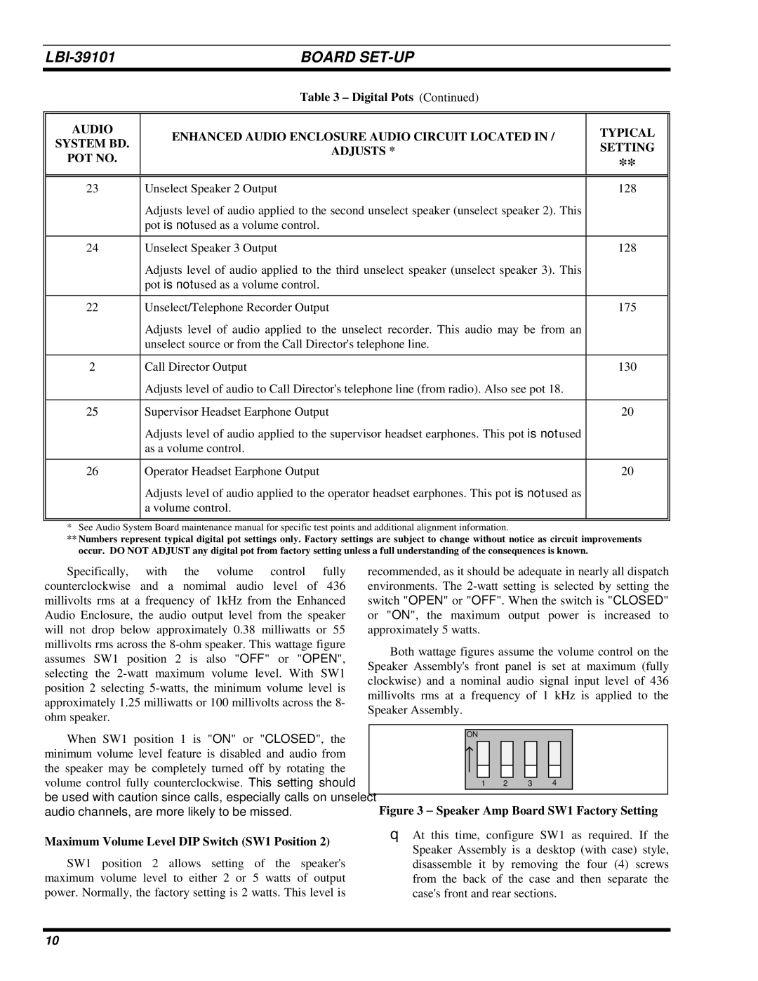 Ericsson LBI-39101A manual Maximum Volume Level DIP Switch SW1 Position, FigureG3 − Speaker Amp Board SW1 Factory Setting 