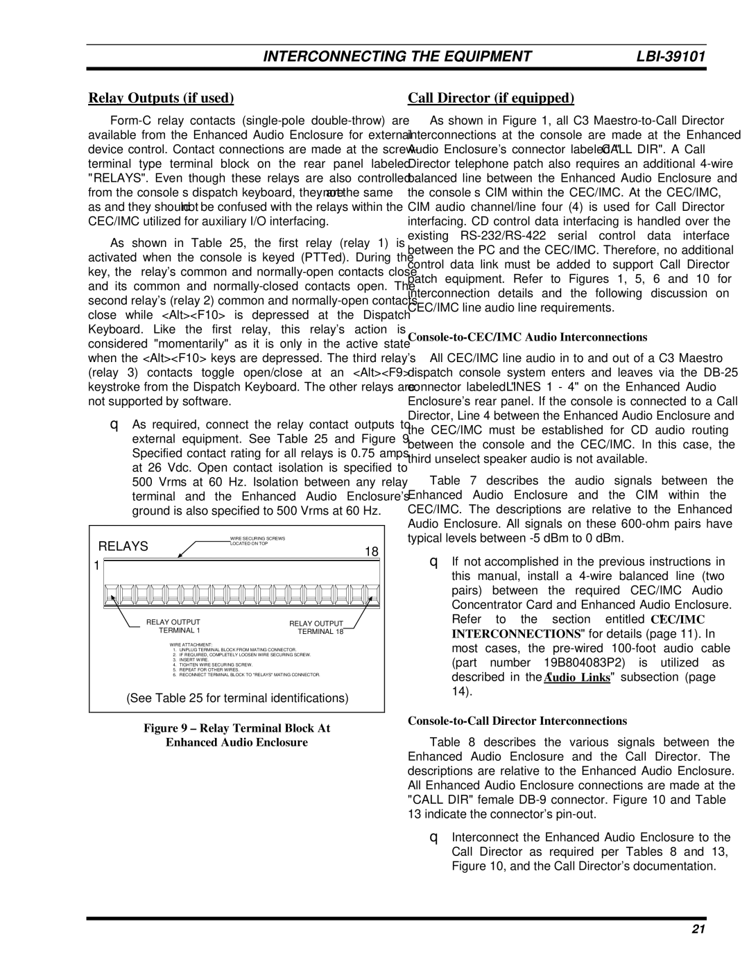 Ericsson LBI-39101A manual Relay Outputs if used, Call Director if equipped, Console-to-CEC/IMC Audio Interconnections 