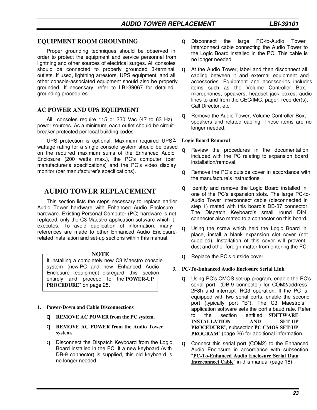 Ericsson LBI-39101A manual Audio Tower Replacement, Equipment Room Grounding, AC Power and UPS Equipment 