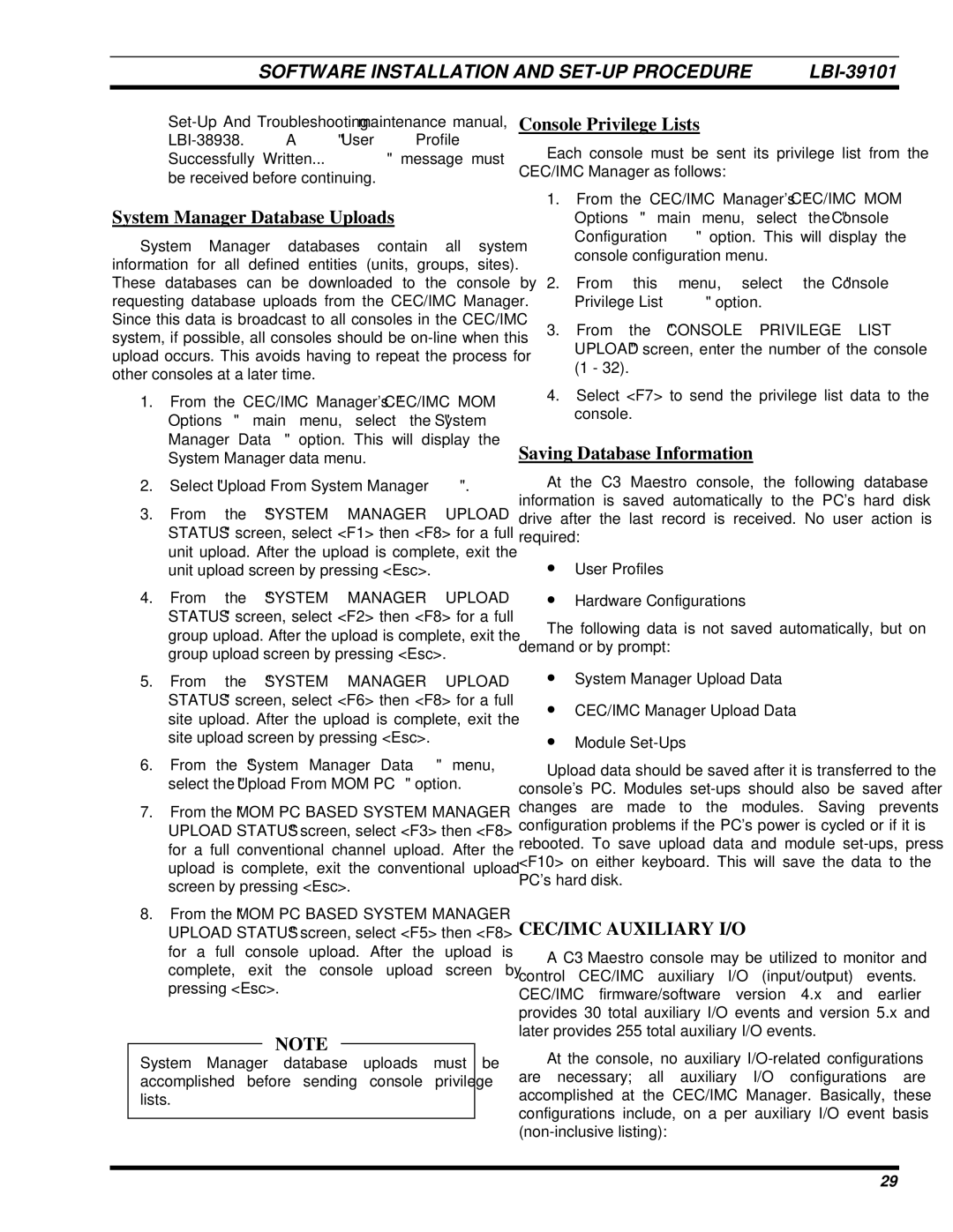 Ericsson LBI-39101A manual System Manager Database Uploads, Console Privilege Lists, Saving Database Information 