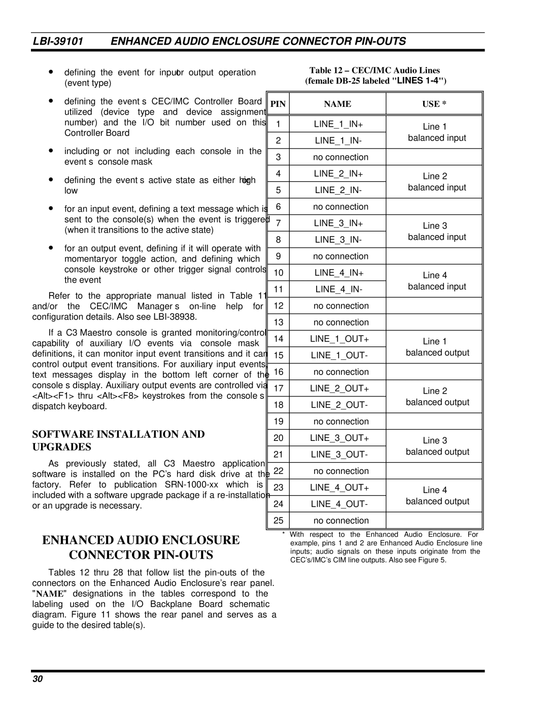 Ericsson LBI-39101A manual LBI-39101 Enhanced Audio Enclosure Connector PIN-OUTS, Software Installation and Upgrades 