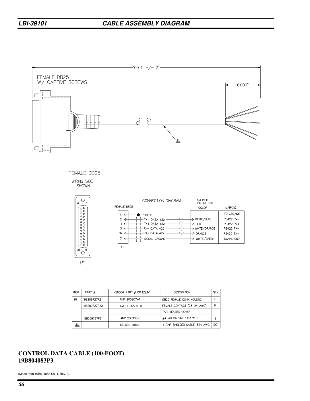 Ericsson LBI-39101A manual Cable Assembly Diagram, Control Data Cable 100-FOOT 19B804083P3 