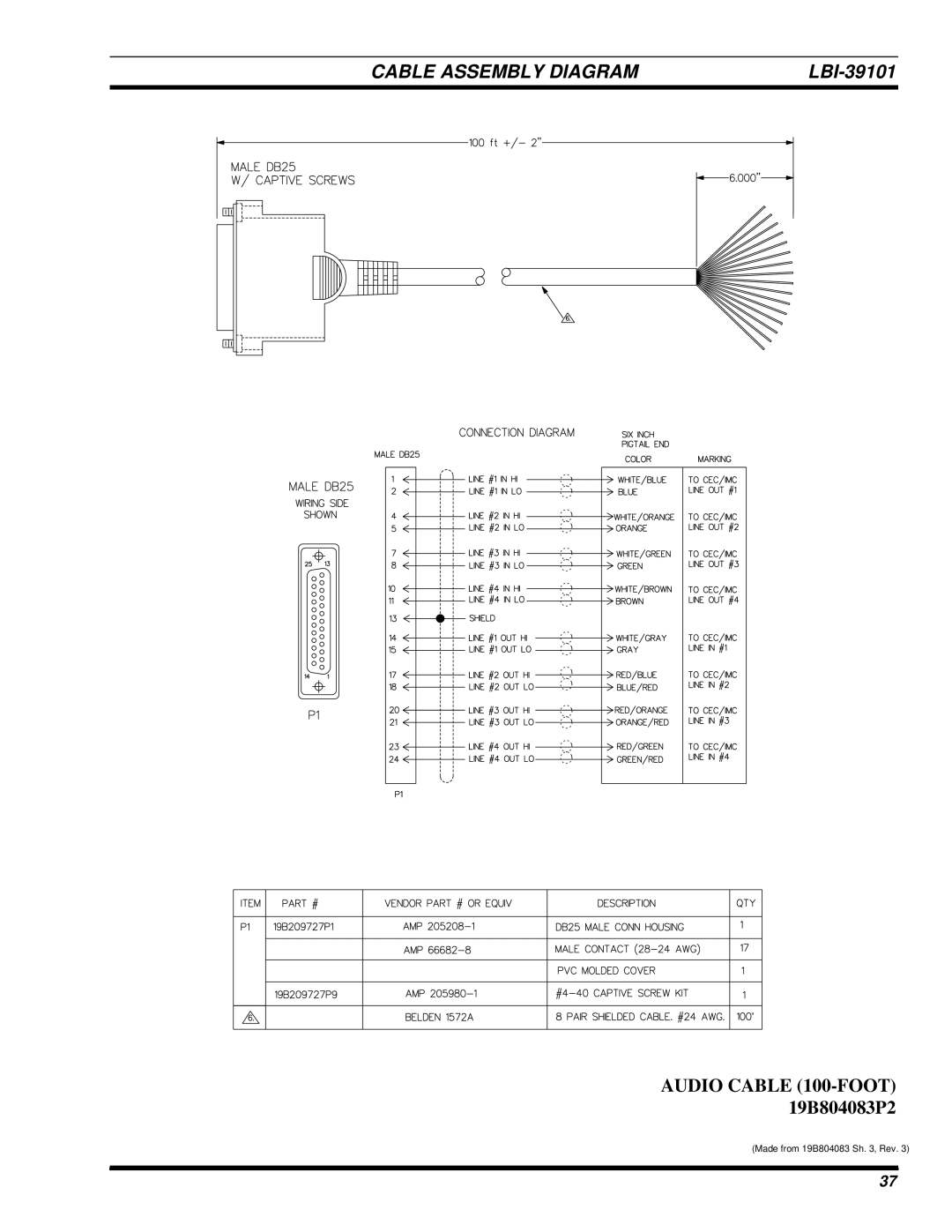 Ericsson LBI-39101A manual Audio Cable 100-FOOT 19B804083P2 