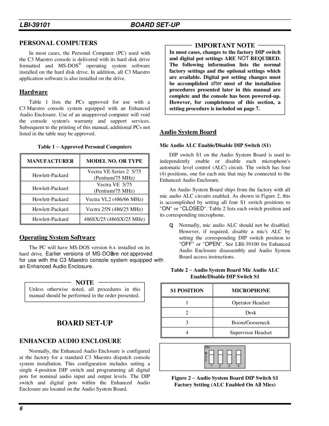 Ericsson LBI-39101A manual Board SET-UP, Personal Computers, Enhanced Audio Enclosure, Important Note 