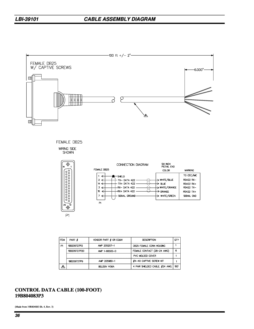 Ericsson LBI-39101A manual Cable Assembly Diagram, CONTROL DATA CABLE 100-FOOT19B804083P3, Made from 19B804083 Sh. 4, Rev 
