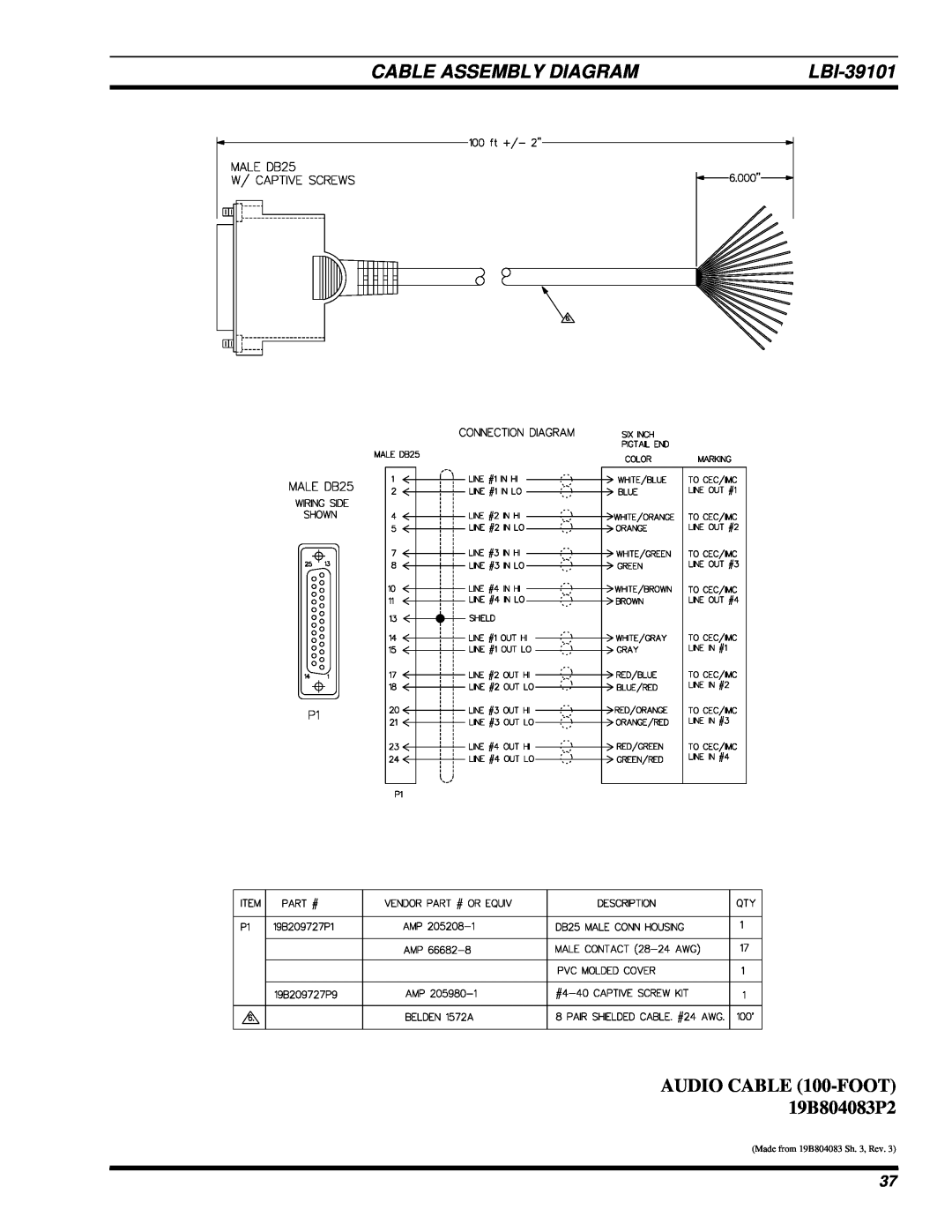 Ericsson LBI-39101A manual AUDIO CABLE 100-FOOT19B804083P2, Cable Assembly Diagram, Made from 19B804083 Sh. 3, Rev 