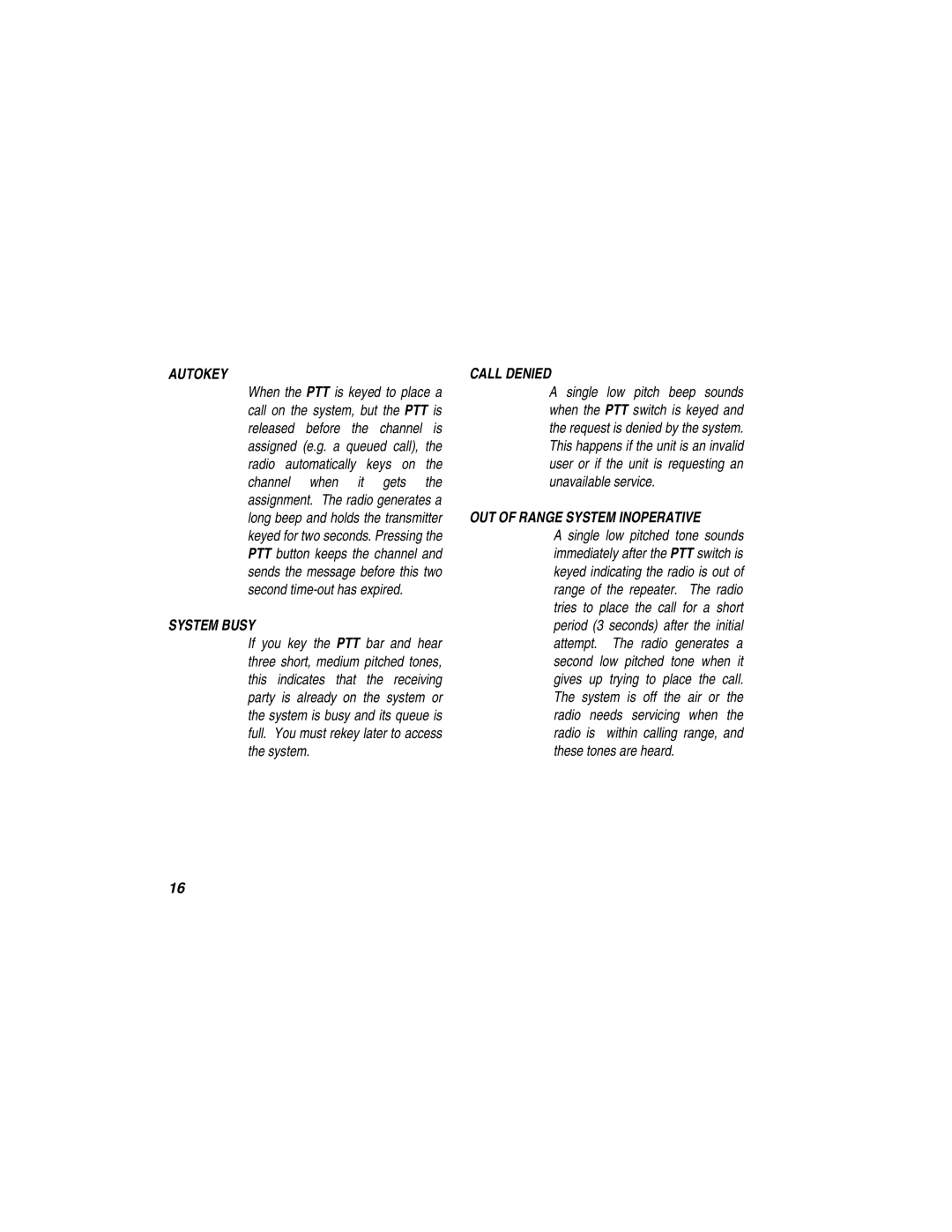 Ericsson LBI-39110 manual Autokey, System Busy, Call Denied, OUT of Range System Inoperative 