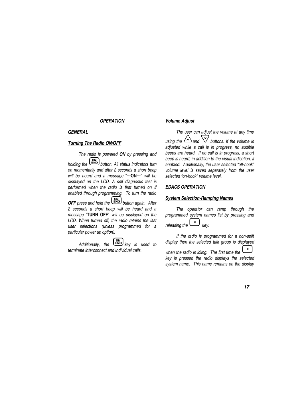 Ericsson LBI-39110 manual Operation General, Turning The Radio ON/OFF, Volume Adjust, Edacs Operation 