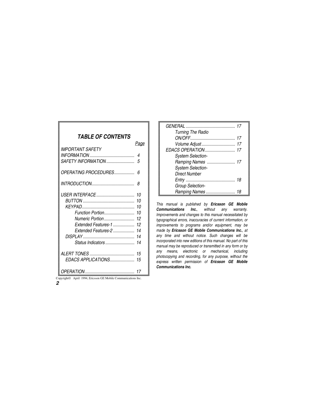 Ericsson LBI-39110 manual Table of Contents 