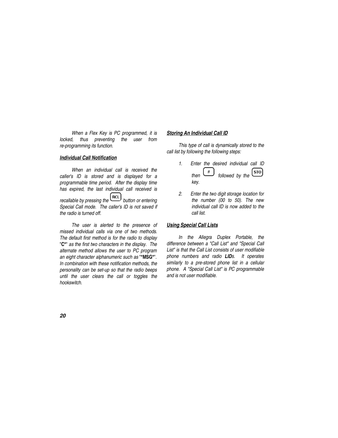 Ericsson LBI-39110 manual Individual Call Notification, Storing An Individual Call ID, Using Special Call Lists 