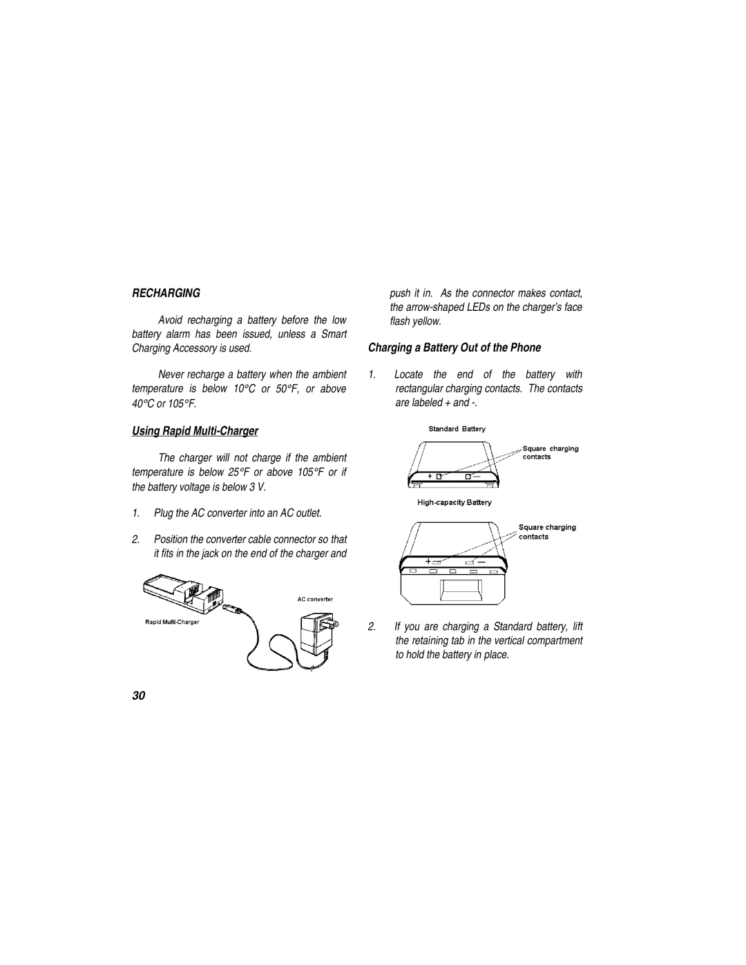 Ericsson LBI-39110 manual Recharging, Using Rapid Multi-Charger, Plug the AC converter into an AC outlet 