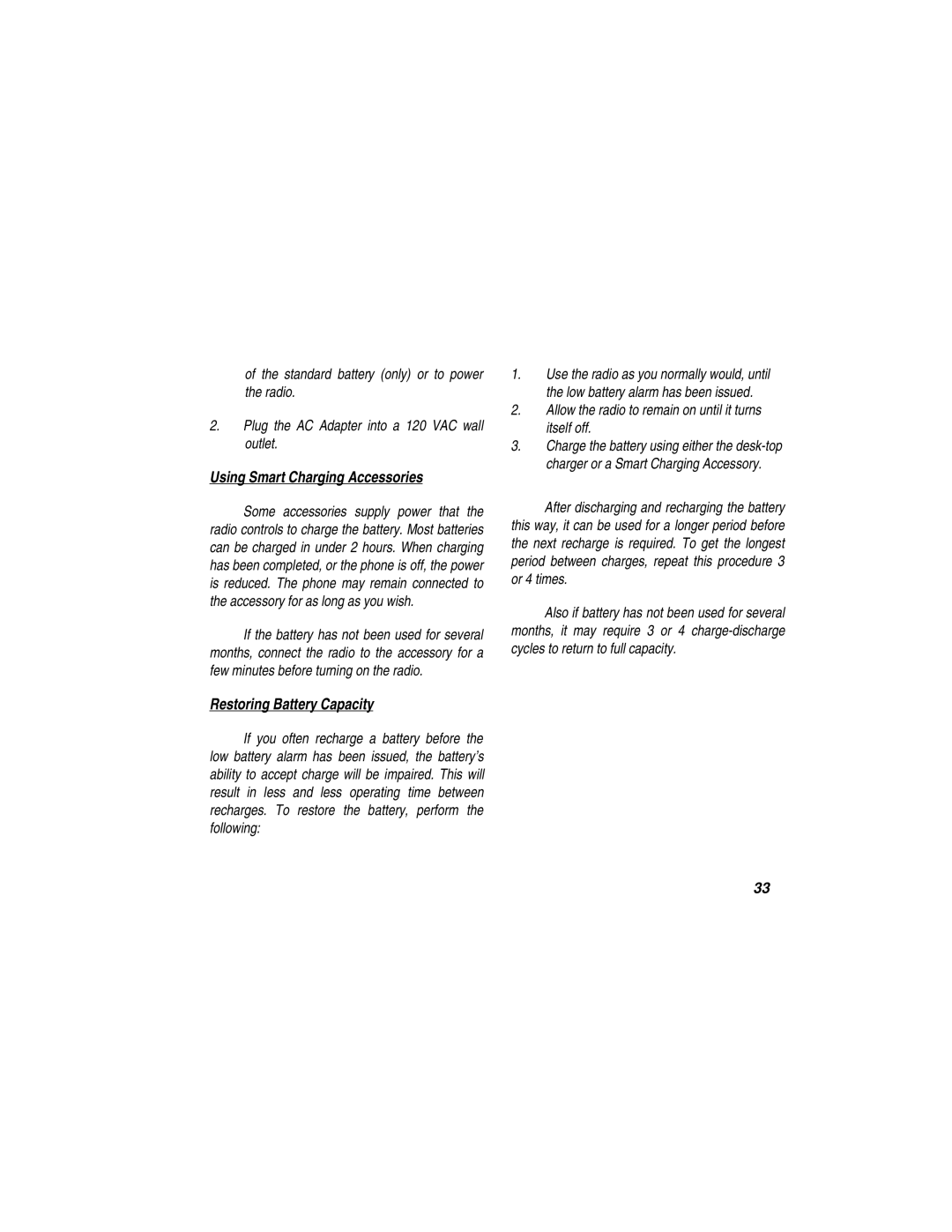 Ericsson LBI-39110 manual Using Smart Charging Accessories, Restoring Battery Capacity 