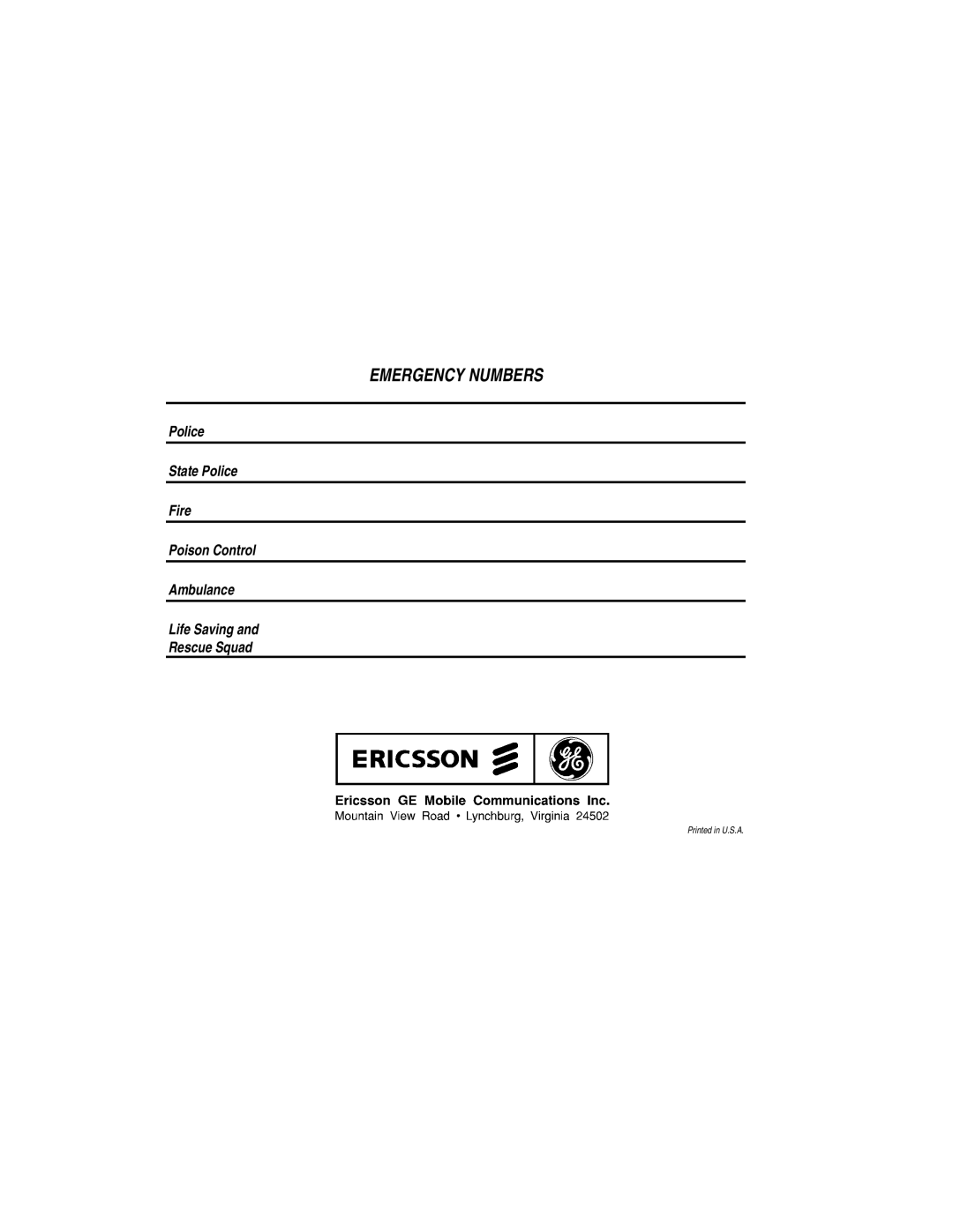 Ericsson LBI-39110 manual Emergency Numbers 