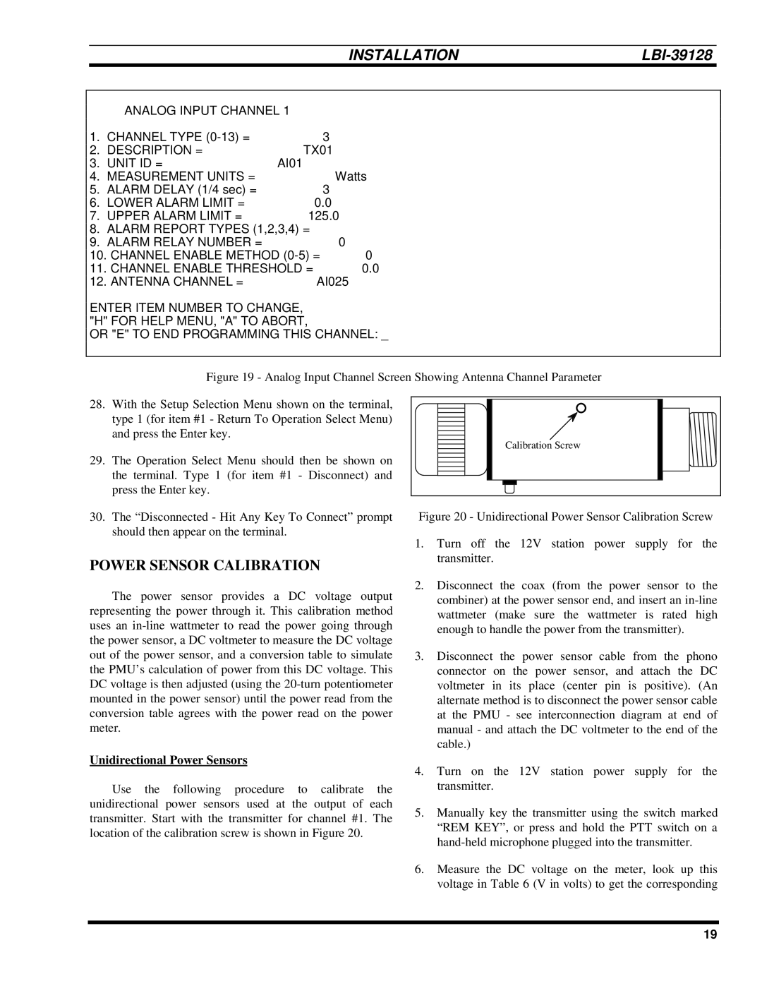 Ericsson LBI-39128 manual Power Sensor Calibration, Unidirectional Power Sensors 