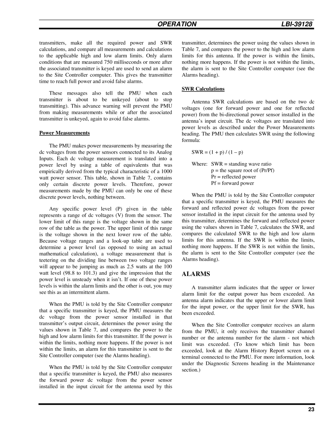 Ericsson LBI-39128 manual Alarms, Power Measurements, SWR Calculations 