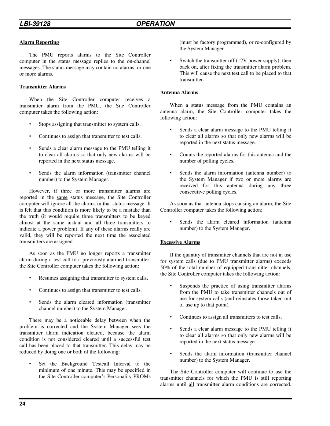 Ericsson LBI-39128 manual Alarm Reporting, Transmitter Alarms, Antenna Alarms, Excessive Alarms 