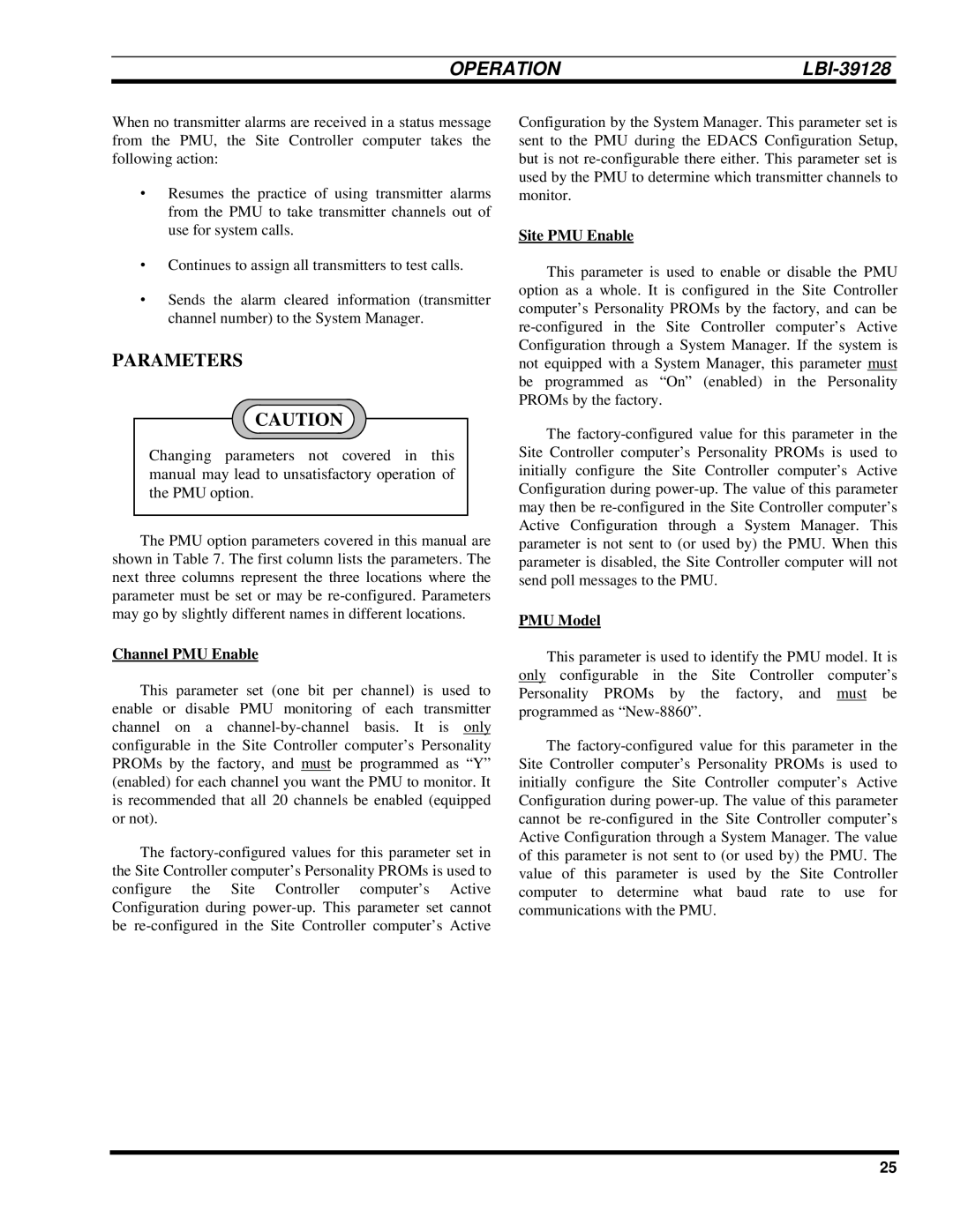 Ericsson LBI-39128 manual Parameters, Channel PMU Enable, Site PMU Enable, PMU Model 