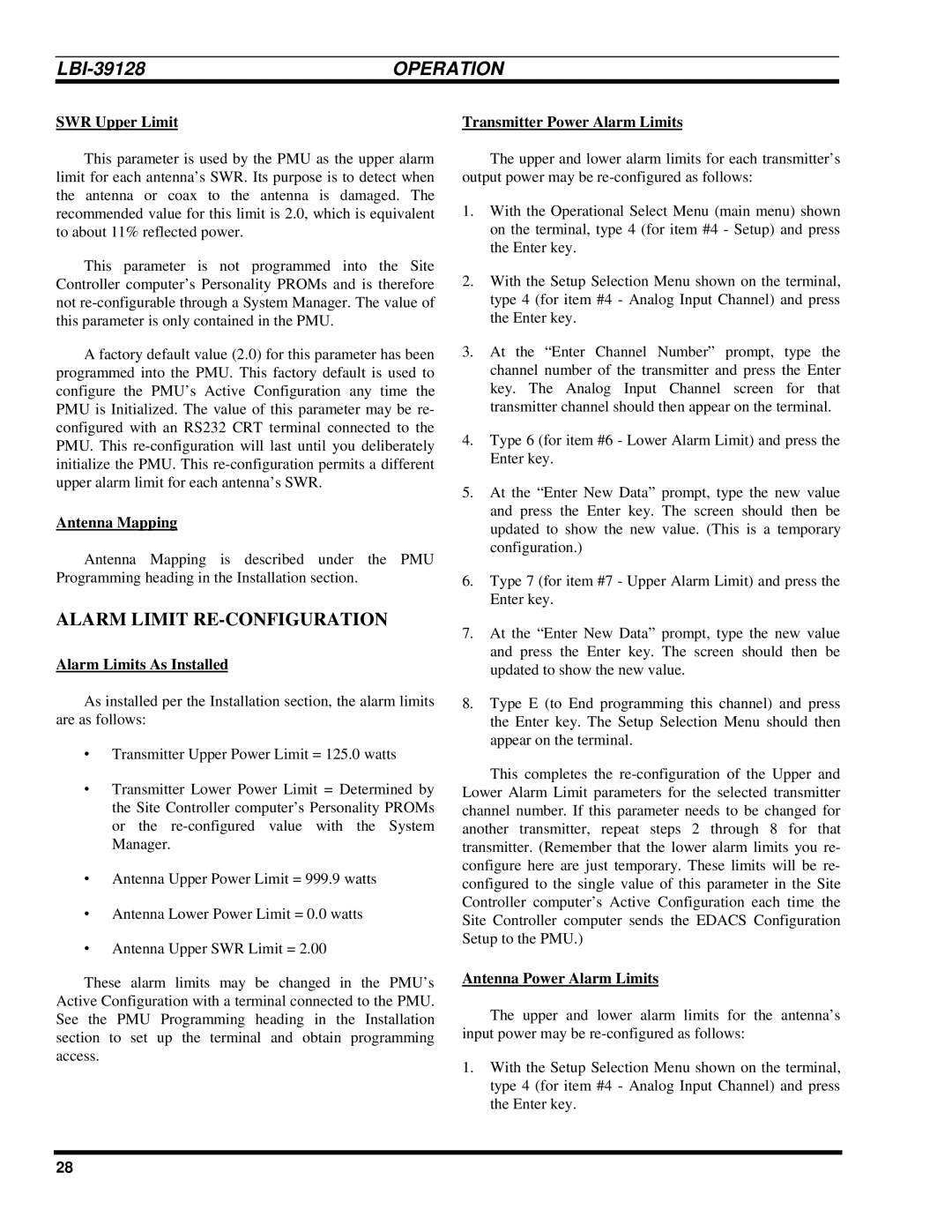 Ericsson LBI-39128 manual Alarm Limit RE-CONFIGURATION, SWR Upper Limit, Transmitter Power Alarm Limits 