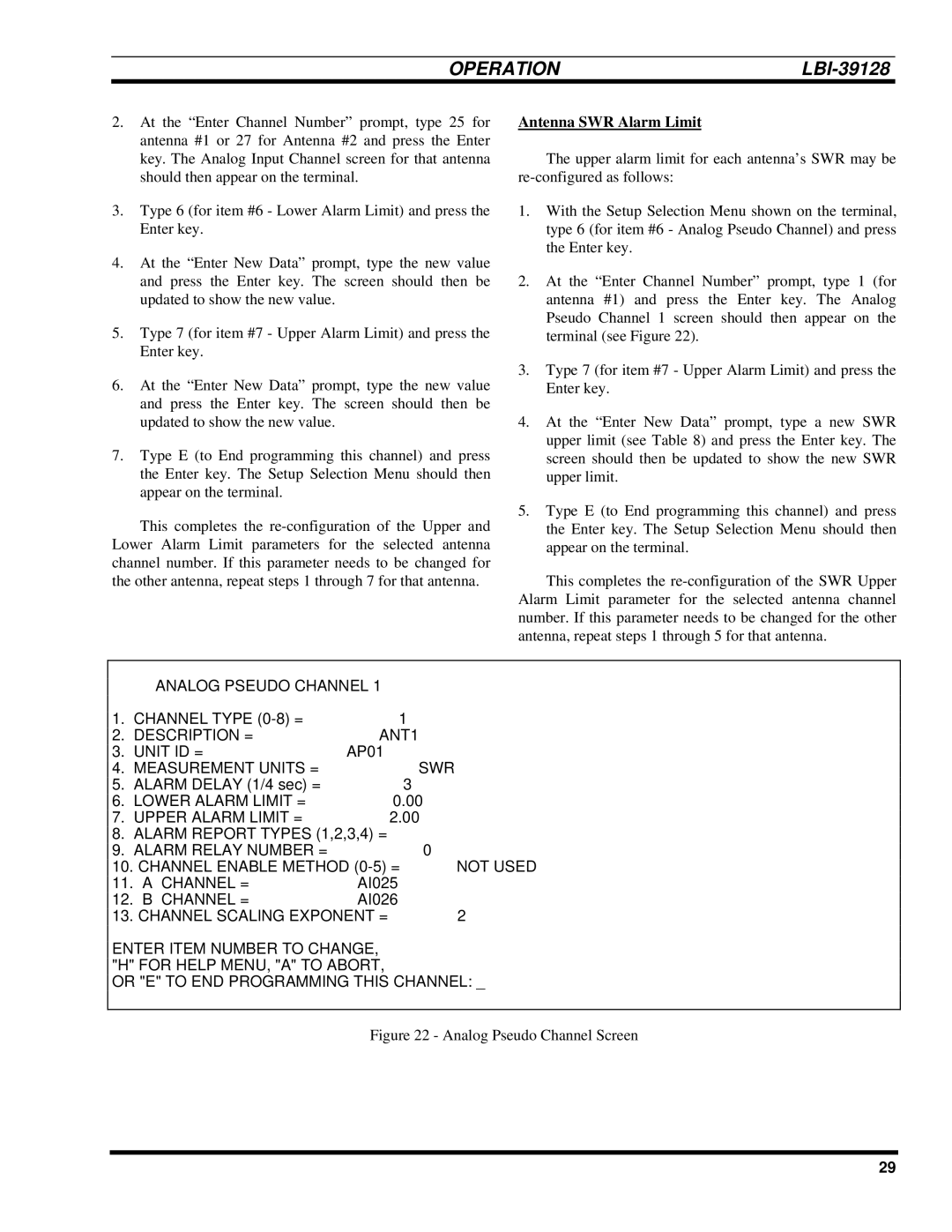 Ericsson LBI-39128 manual Antenna SWR Alarm Limit, Analog Pseudo Channel Screen 