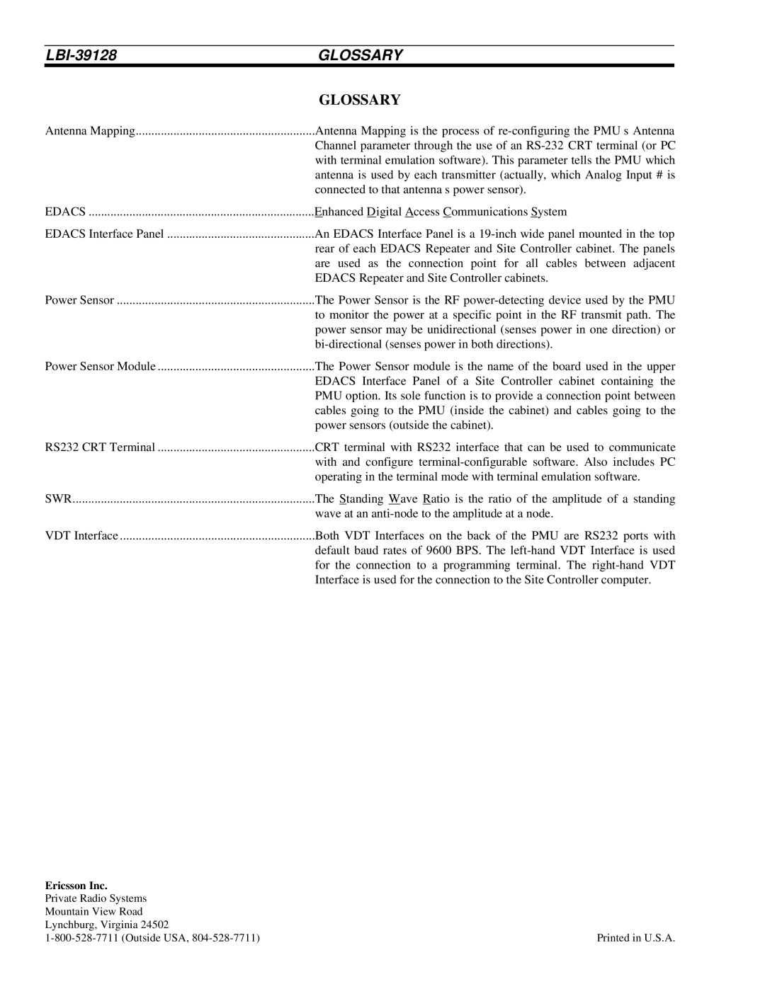 Ericsson LBI-39128 manual Glossary 