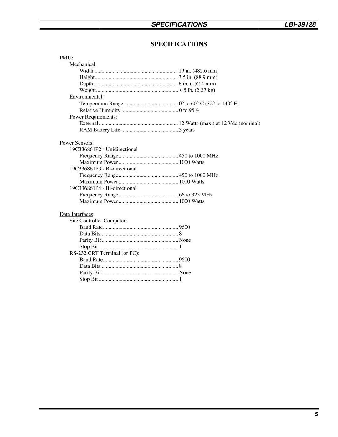 Ericsson LBI-39128 manual Specifications 