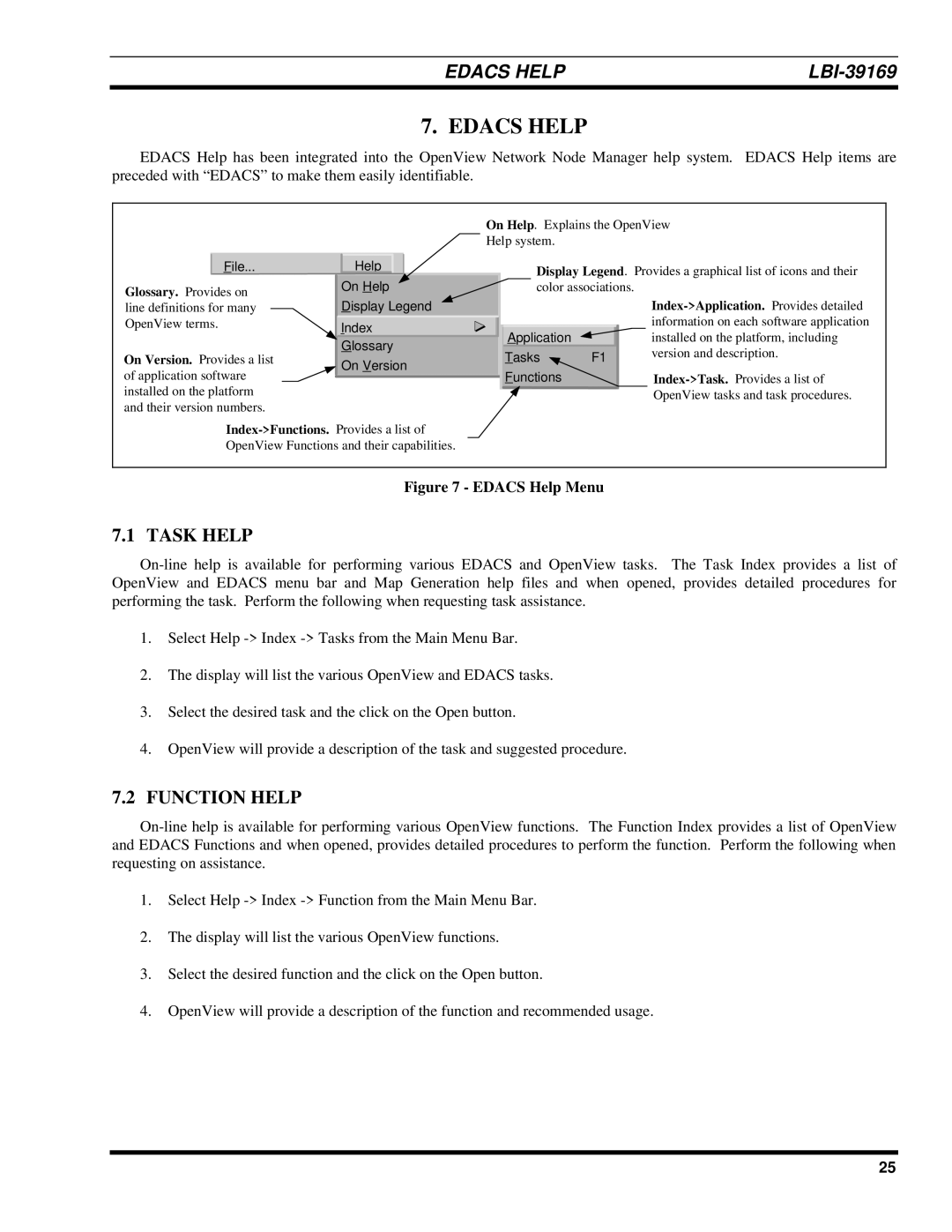 Ericsson LBI-39169 manual Edacs Help, Task Help, Function Help 