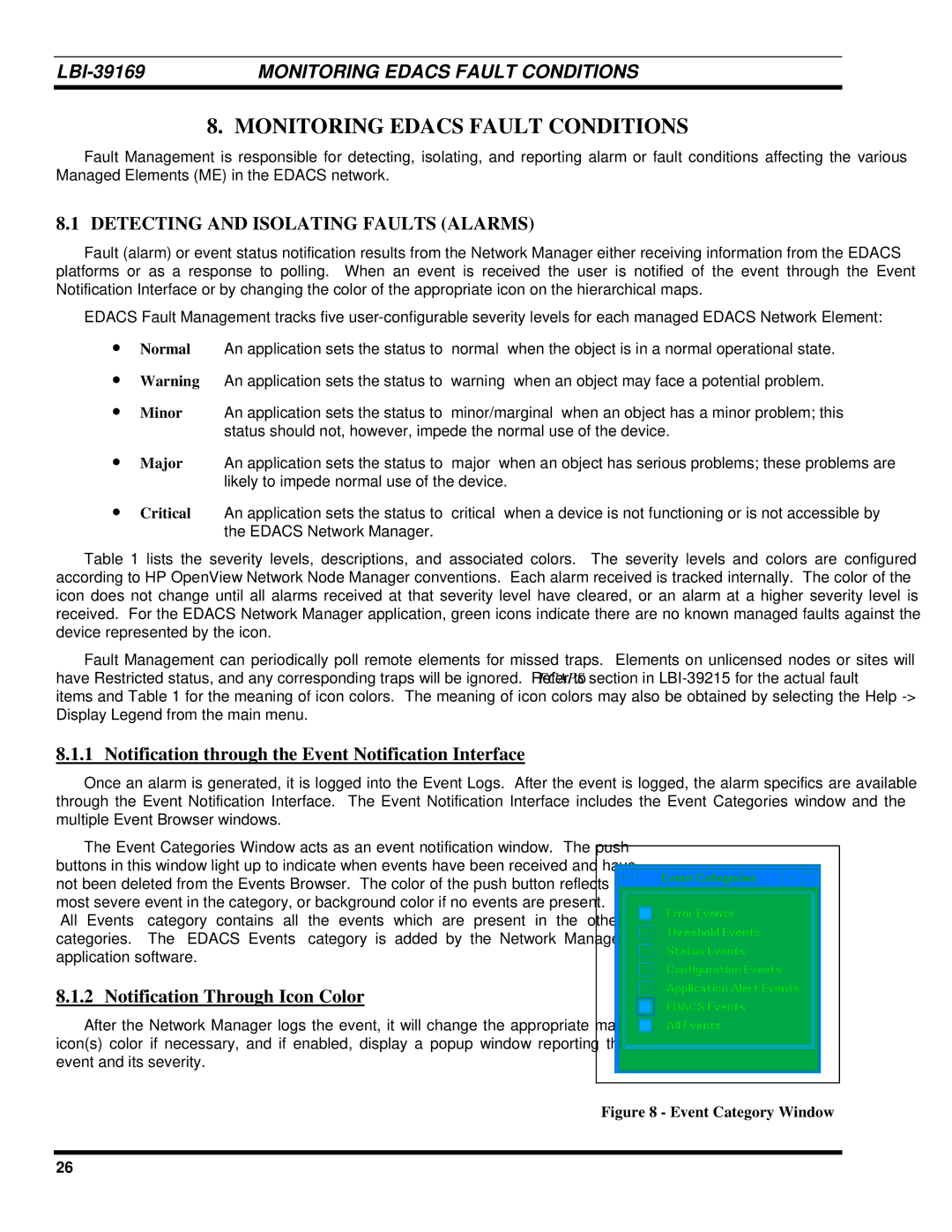 Ericsson LBI-39169 manual Monitoring Edacs Fault Conditions, Detecting and Isolating Faults Alarms 