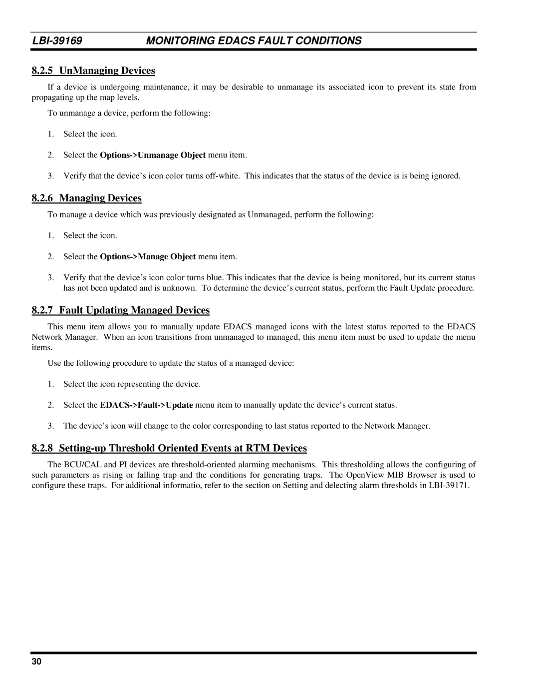 Ericsson LBI-39169 UnManaging Devices, Fault Updating Managed Devices, Setting-up Threshold Oriented Events at RTM Devices 