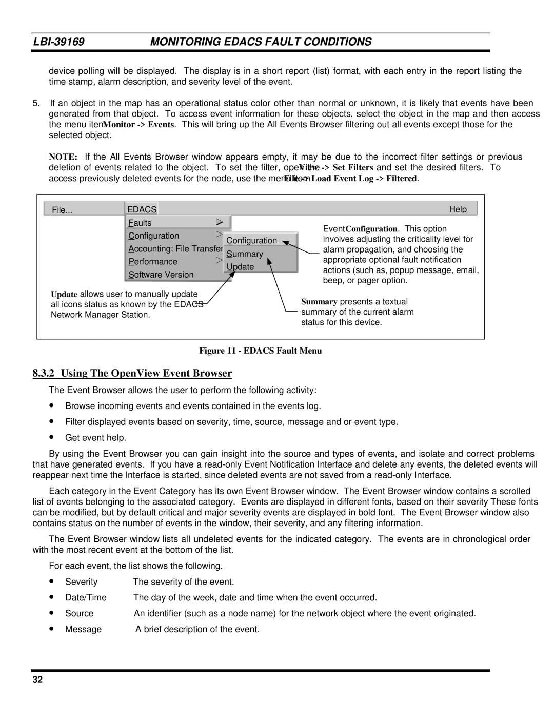 Ericsson LBI-39169 manual Using The OpenView Event Browser, Edacs Fault Menu 