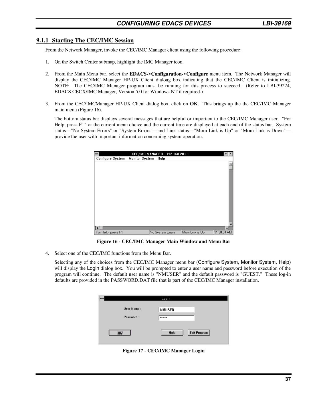 Ericsson LBI-39169 manual Starting The CEC/IMC Session, CEC/IMC Manager Main Window and Menu Bar 