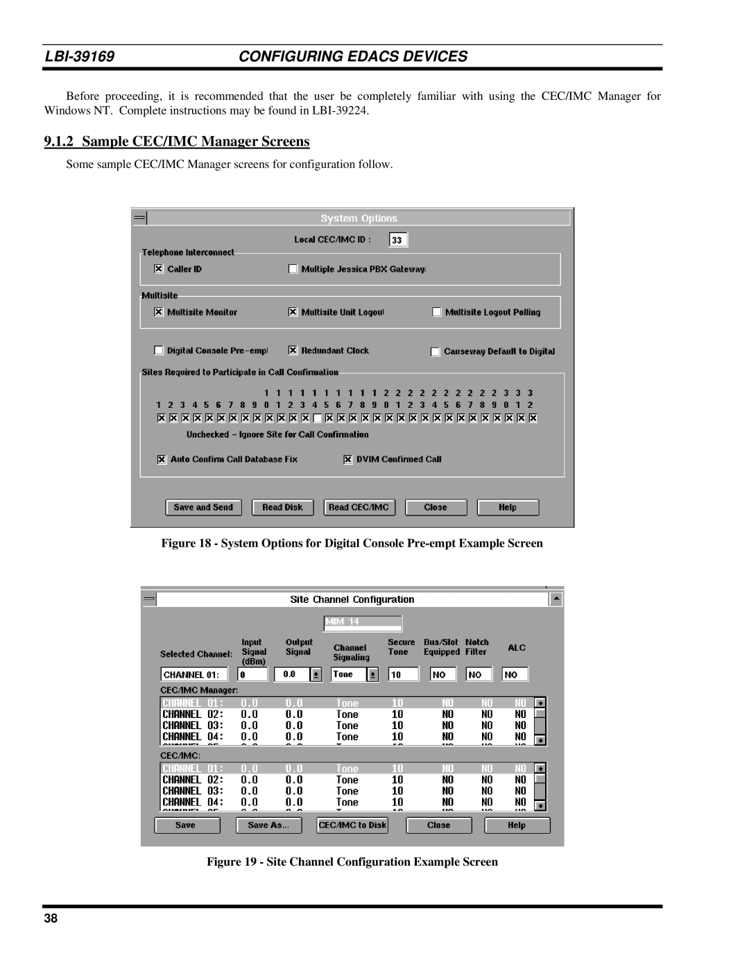 Ericsson LBI-39169 System Options for Digital Console Pre-empt Example Screen, Site Channel Configuration Example Screen 