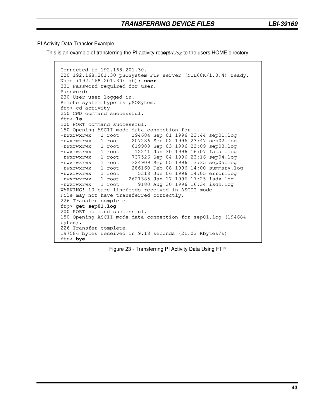 Ericsson LBI-39169 manual PI Activity Data Transfer Example, Transferring PI Activity Data Using FTP 