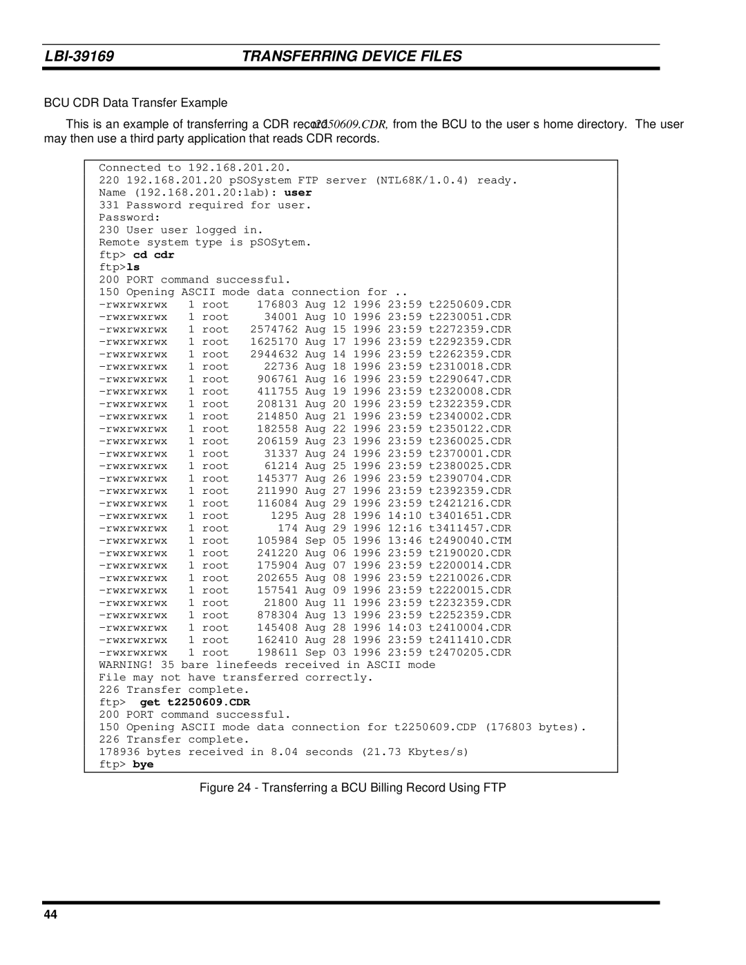 Ericsson LBI-39169 manual BCU CDR Data Transfer Example, Transferring a BCU Billing Record Using FTP 