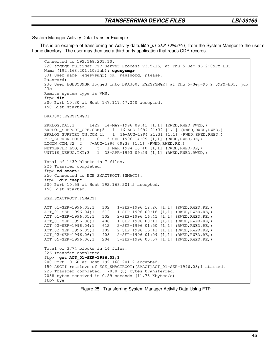 Ericsson LBI-39169 System Manager Activity Data Transfer Example, Transferring System Manager Activity Data Using FTP 