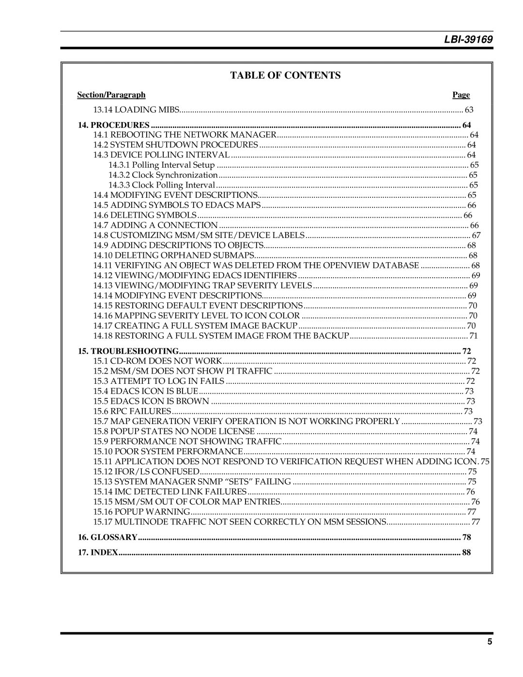 Ericsson LBI-39169 manual Procedures, Troubleshooting, Glossary Index 