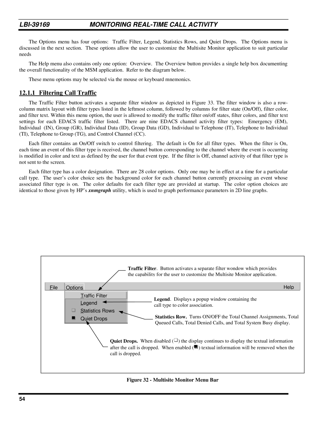 Ericsson LBI-39169 manual Filtering Call Traffic, Multisite Monitor Menu Bar 