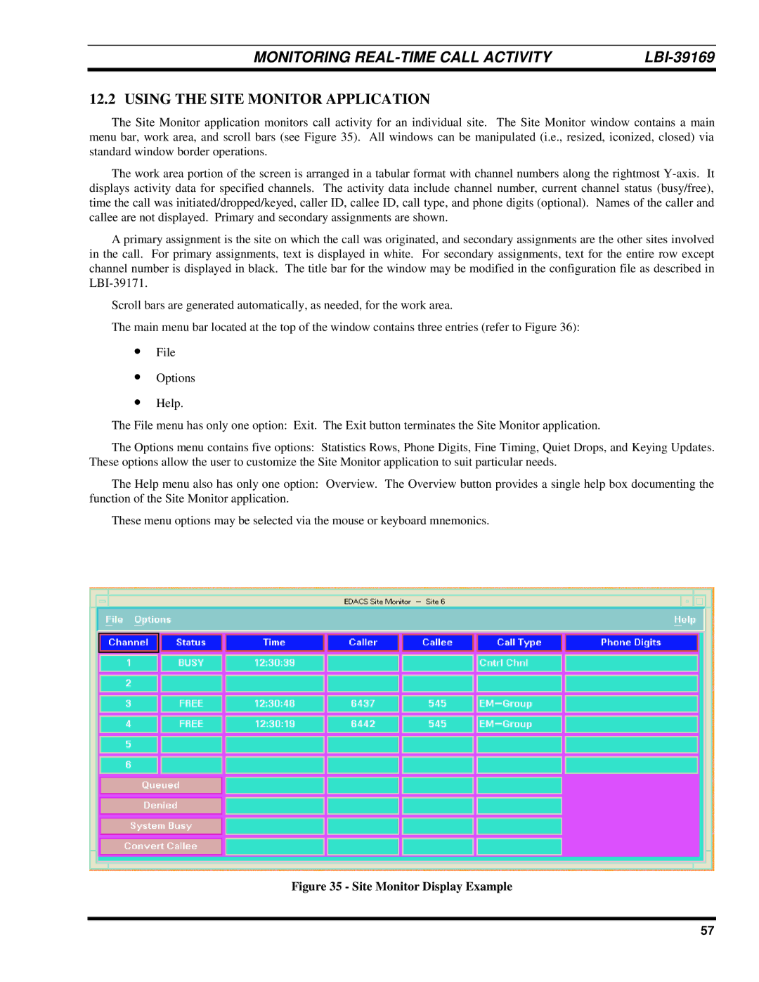 Ericsson LBI-39169 manual Using the Site Monitor Application, Site Monitor Display Example 