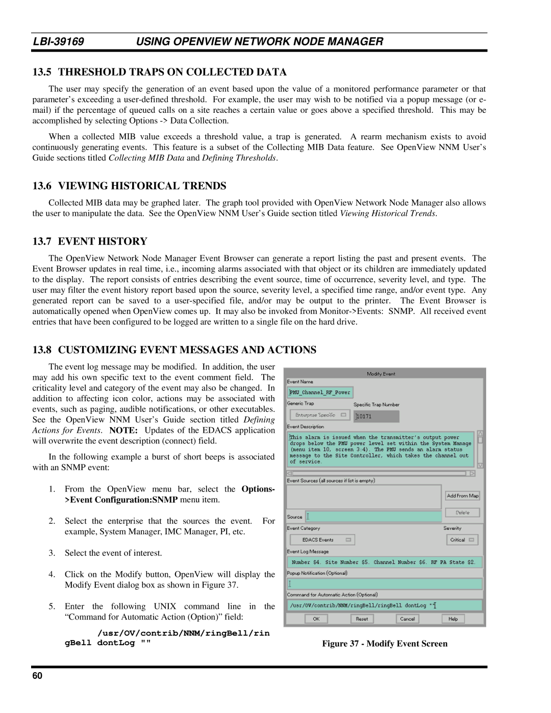 Ericsson LBI-39169 manual Threshold Traps on Collected Data, Viewing Historical Trends, Event History 