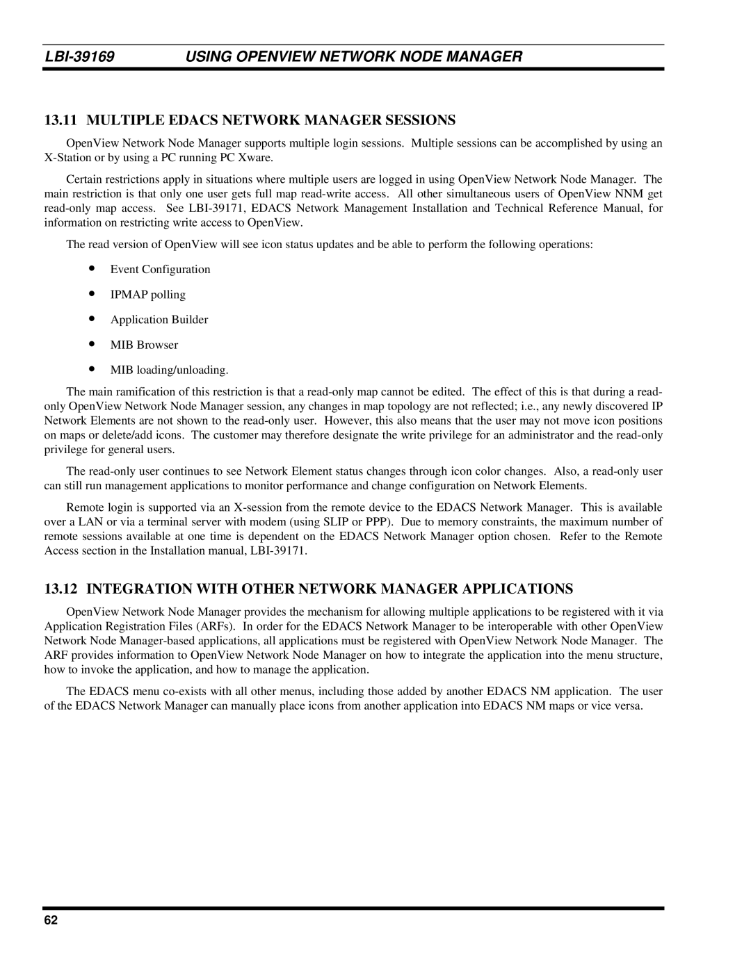 Ericsson LBI-39169 manual Multiple Edacs Network Manager Sessions, Integration with Other Network Manager Applications 