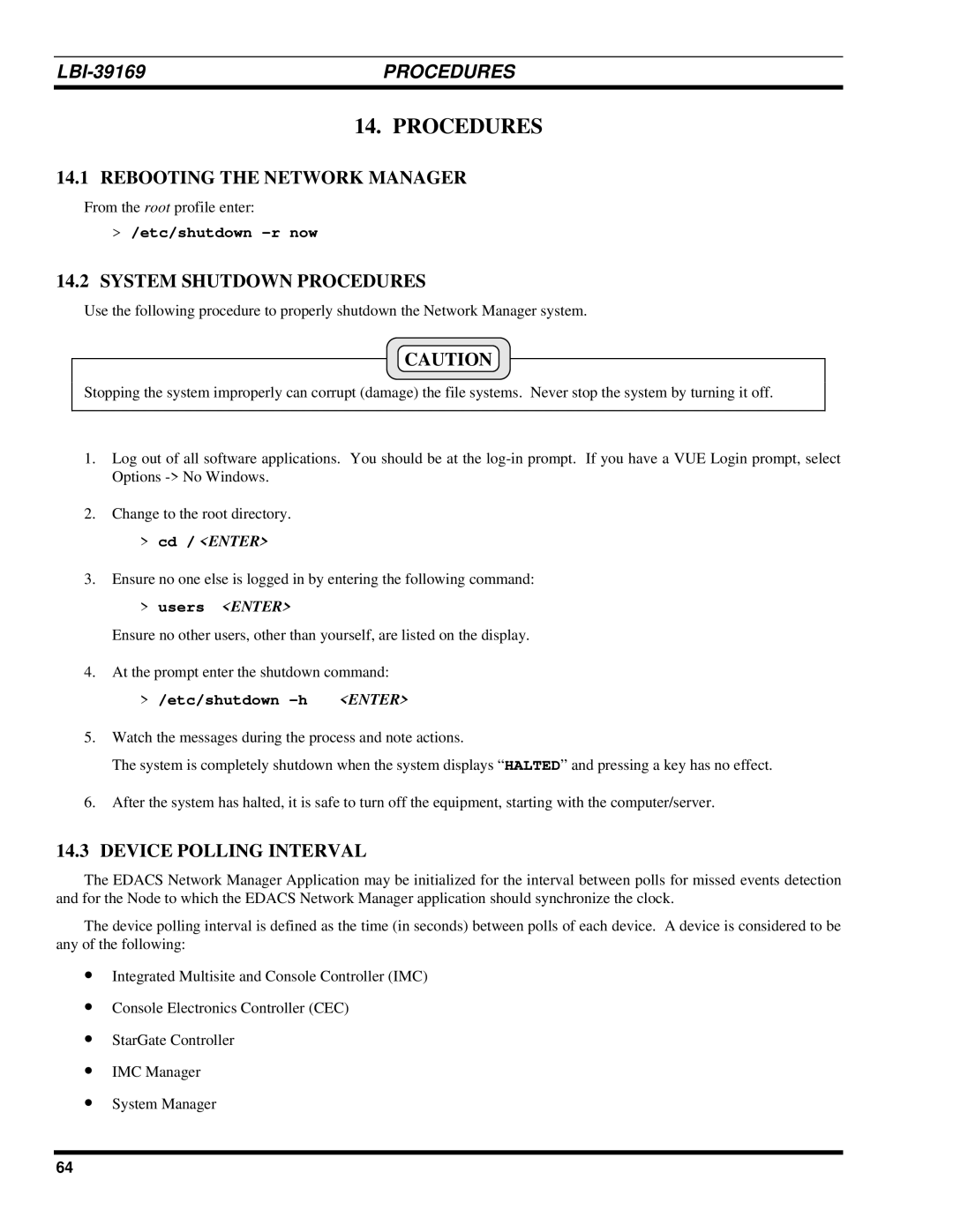 Ericsson LBI-39169 manual Rebooting the Network Manager, System Shutdown Procedures, Device Polling Interval 