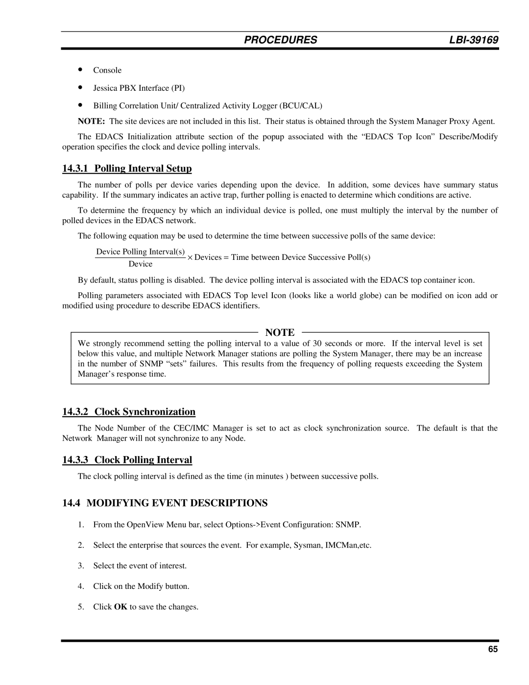 Ericsson LBI-39169 Polling Interval Setup, Clock Synchronization, Clock Polling Interval, Modifying Event Descriptions 