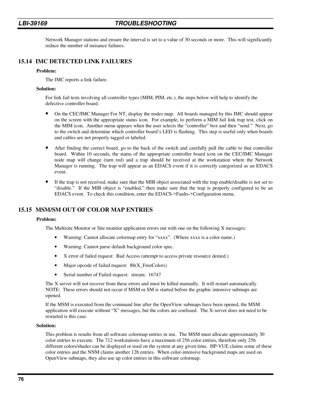 Ericsson LBI-39169 manual IMC Detected Link Failures, 15.15 MSM/SM OUT of Color MAP Entries 