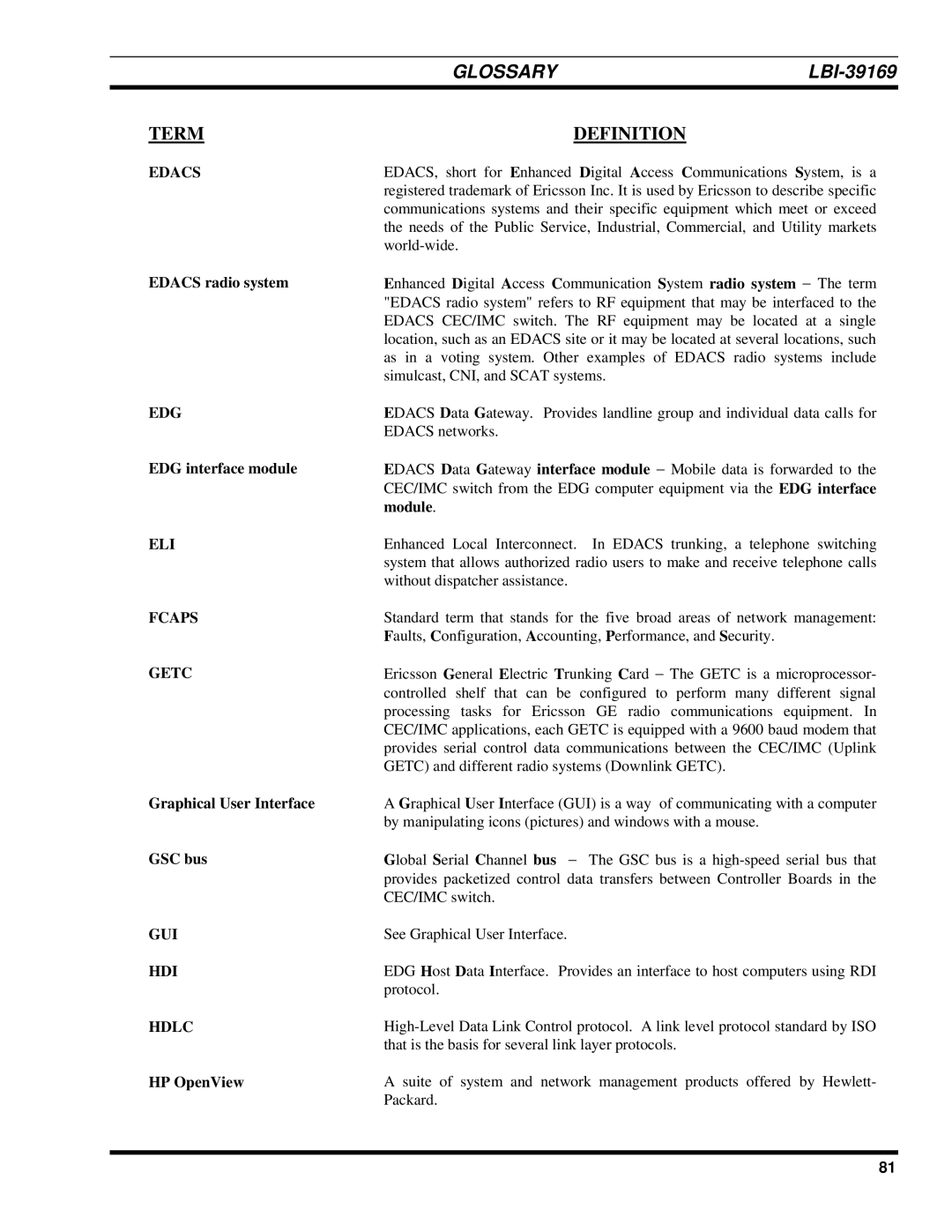 Ericsson LBI-39169 manual Edacs, Edg, Eli, Fcaps Getc, Gui, Hdi, Hdlc 