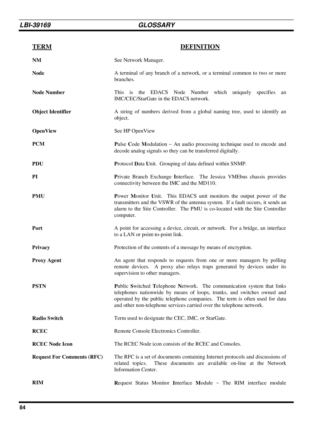 Ericsson LBI-39169 manual Pcm, Pdu, Pmu, Pstn, Rcec, Rim 