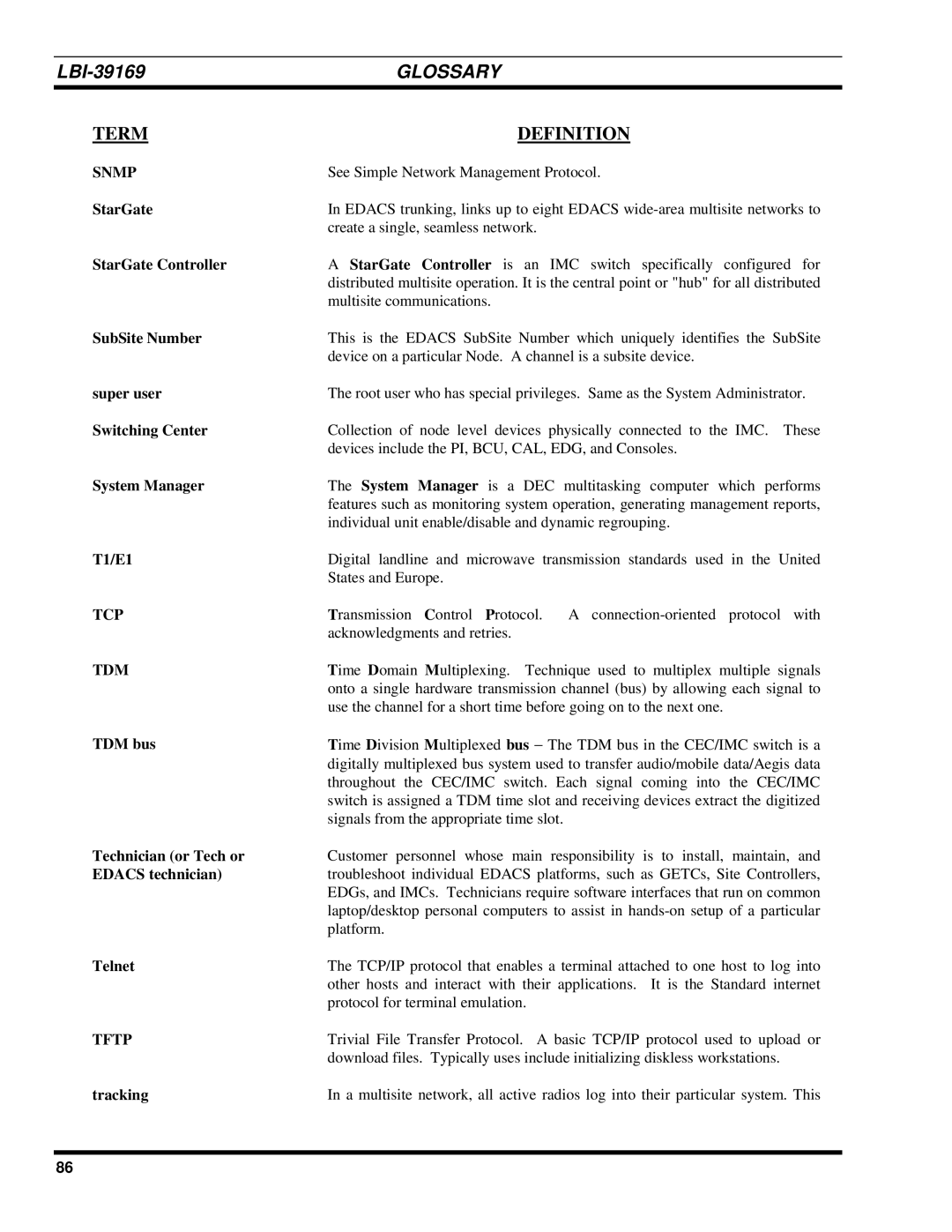 Ericsson LBI-39169 manual Snmp, Tcp, Tdm, Tftp 