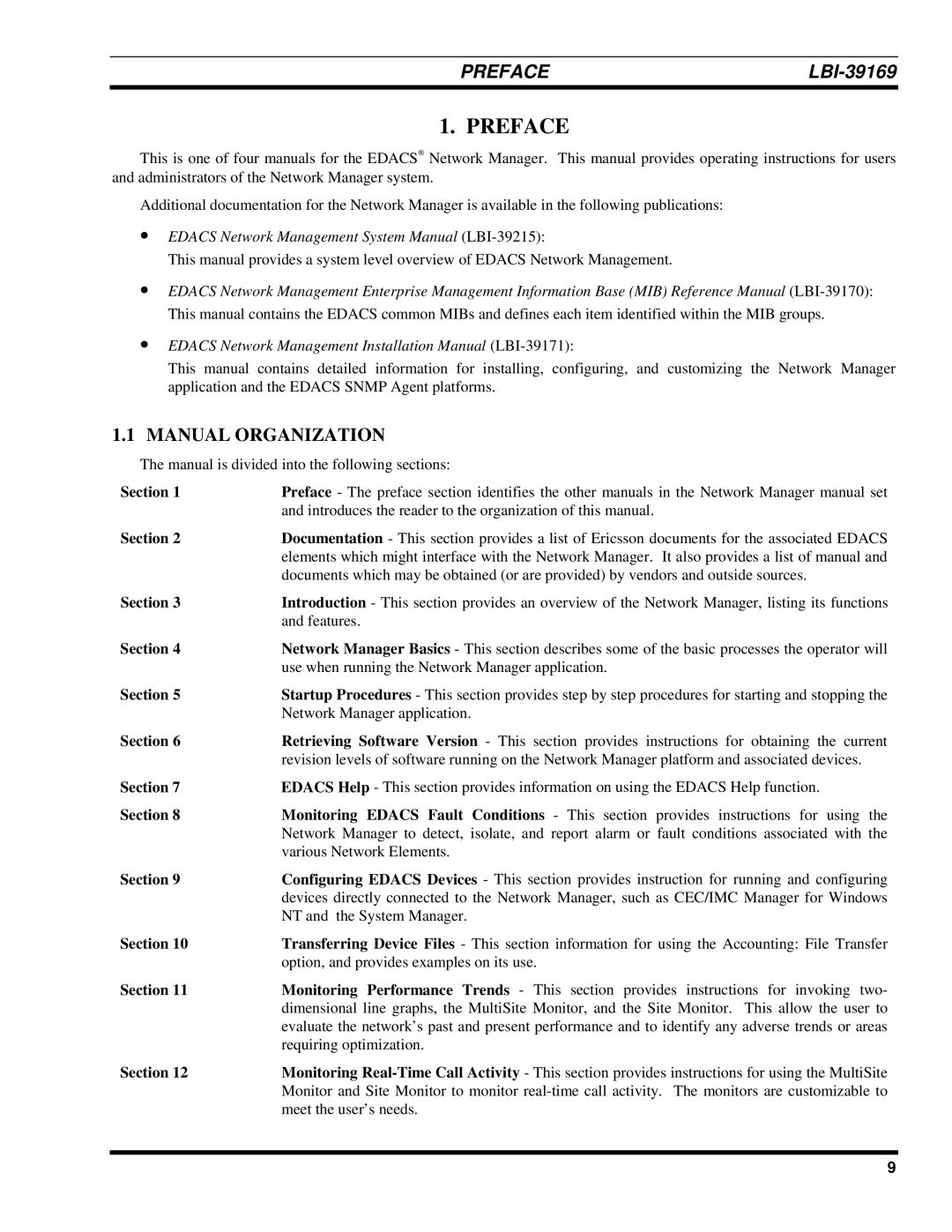 Ericsson LBI-39169 manual Preface, Manual Organization, Section 